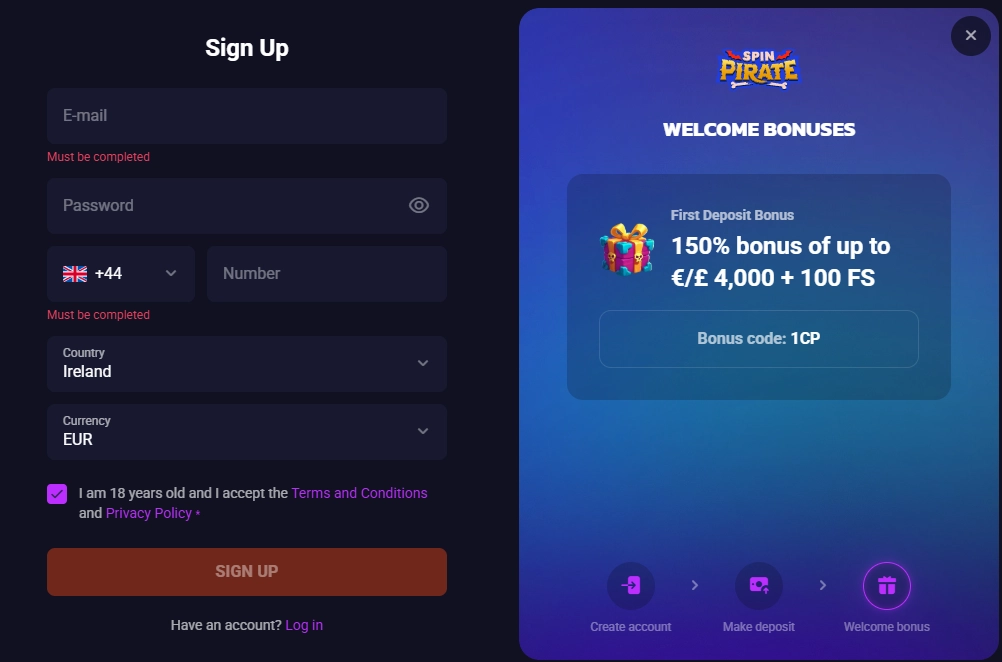 Crash Pirate casino registration form with email password country and currency fields